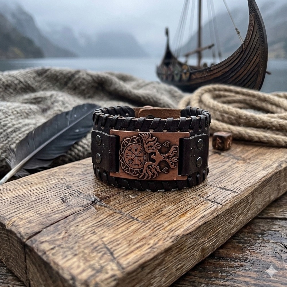 Viking Vegvisir Compass Leather Cuff Bracelet Norse Mythology Brown Wide Band